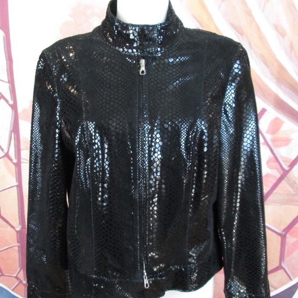 New Betty Barclay Leather Black Snakeskin Design Women's Jacket Coat US Size 12